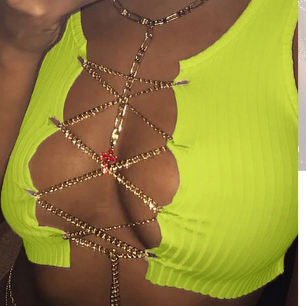 Green lace up crop top with chain